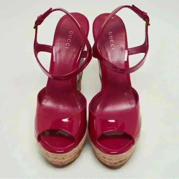 Gucci Red Hollie Patent Leather Platform Vernice Crystal Rose Bed Wedges - Picture 5 of 8